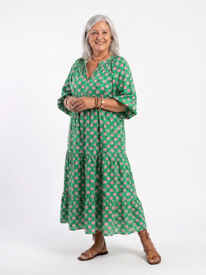 Marisenne | Floral Print V Neck Tiered Midi Dress