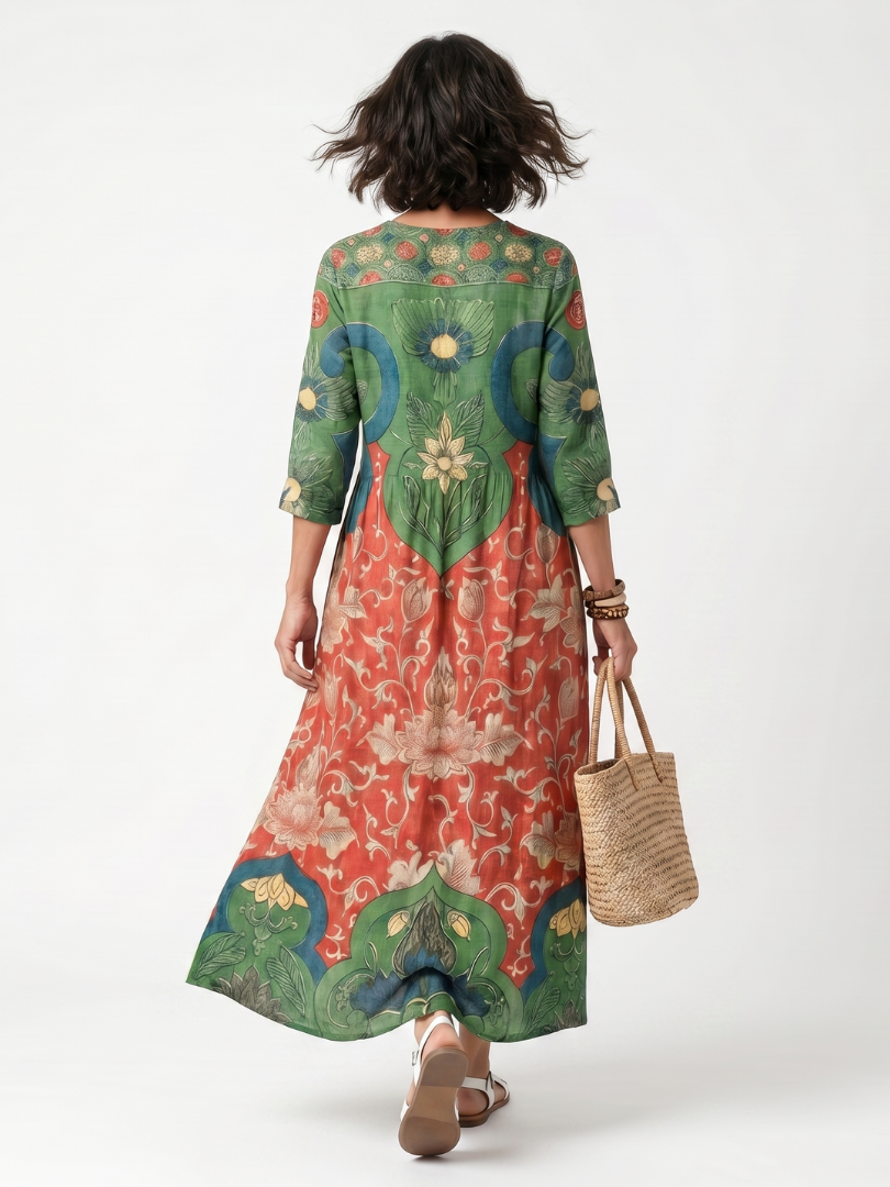 Odaline | Mixed Print V Neck Pocket Midi Dress