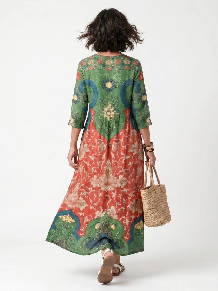Odaline | Mixed Print V Neck Pocket Midi Dress