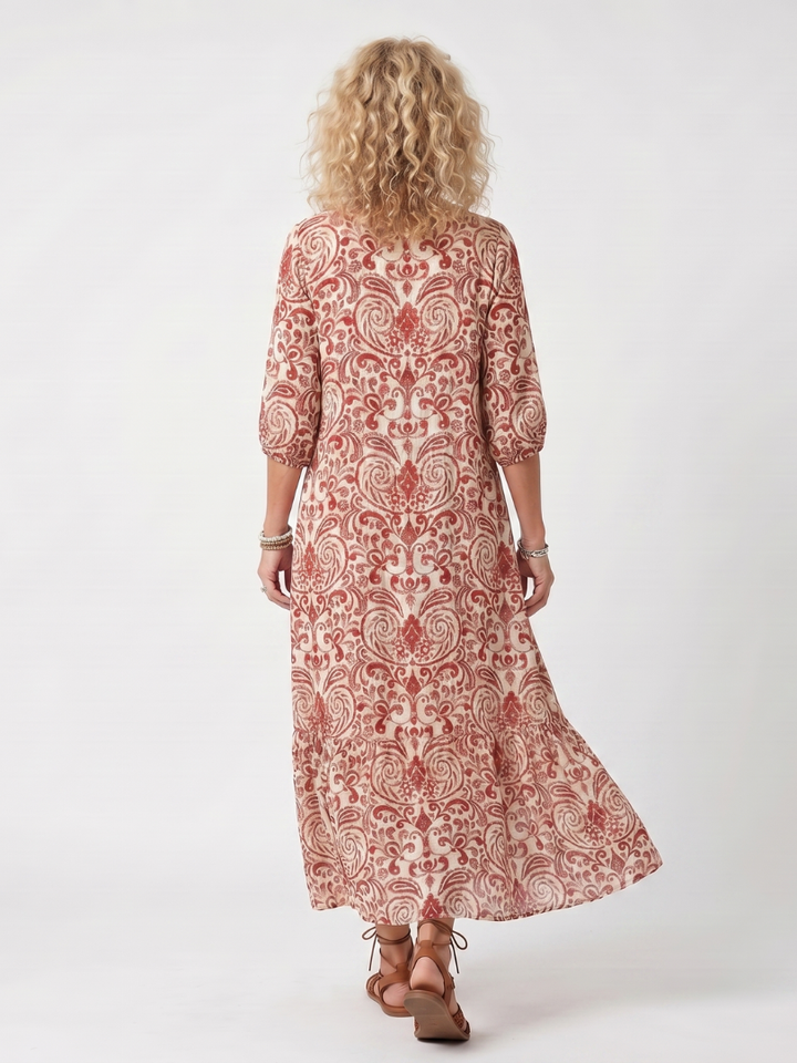 Iolani | Ornate Print Tassel Tie Midi Dress