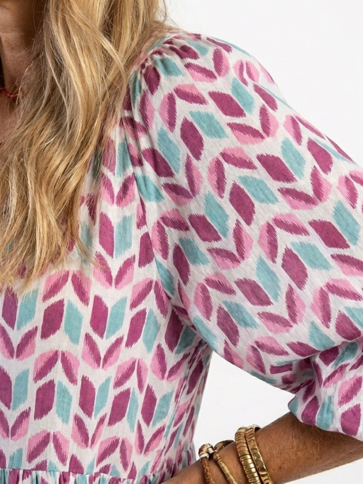 Halcyon | Geometric Print Long Sleeve Tiered Midi Dress