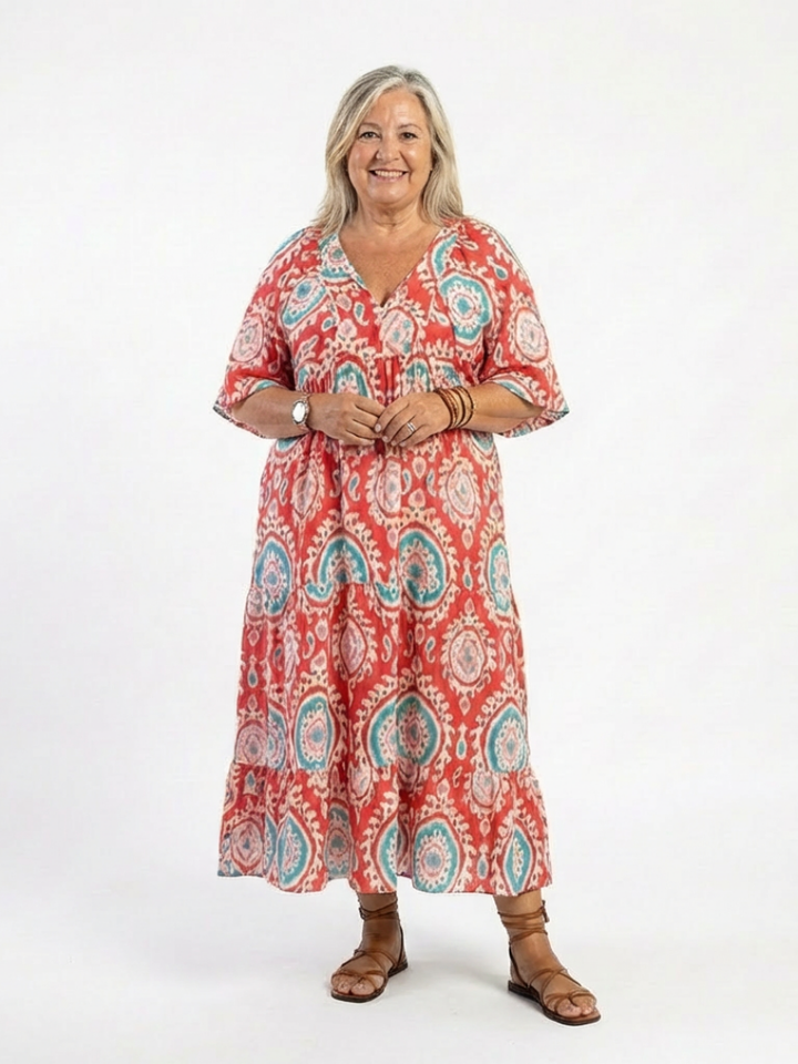 Karis | Paisley Print V Neck Short Sleeve Midi Dress