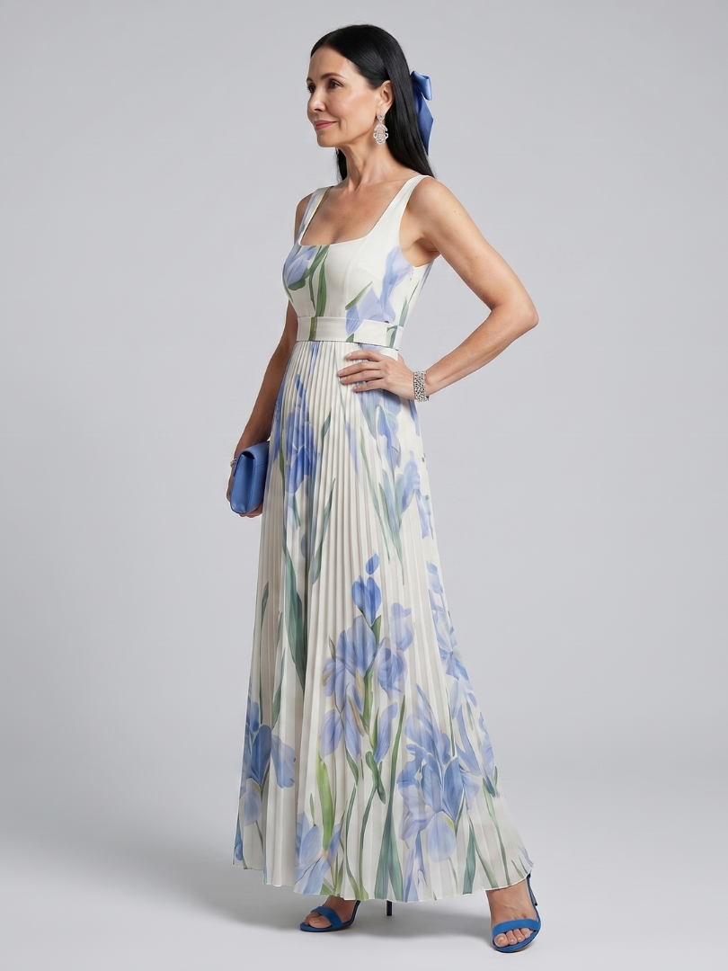 Calantha | Sleeveless Square Neck Floral Print Midi Dress