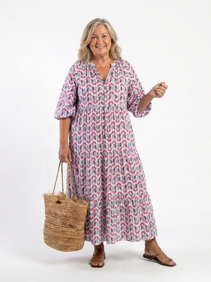 Halcyon | Geometric Print Long Sleeve Tiered Midi Dress
