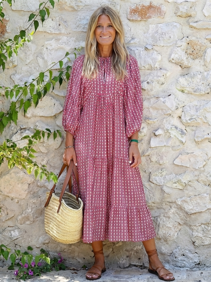 Roswitha | Geometric Print Long Sleeve Midi Dress