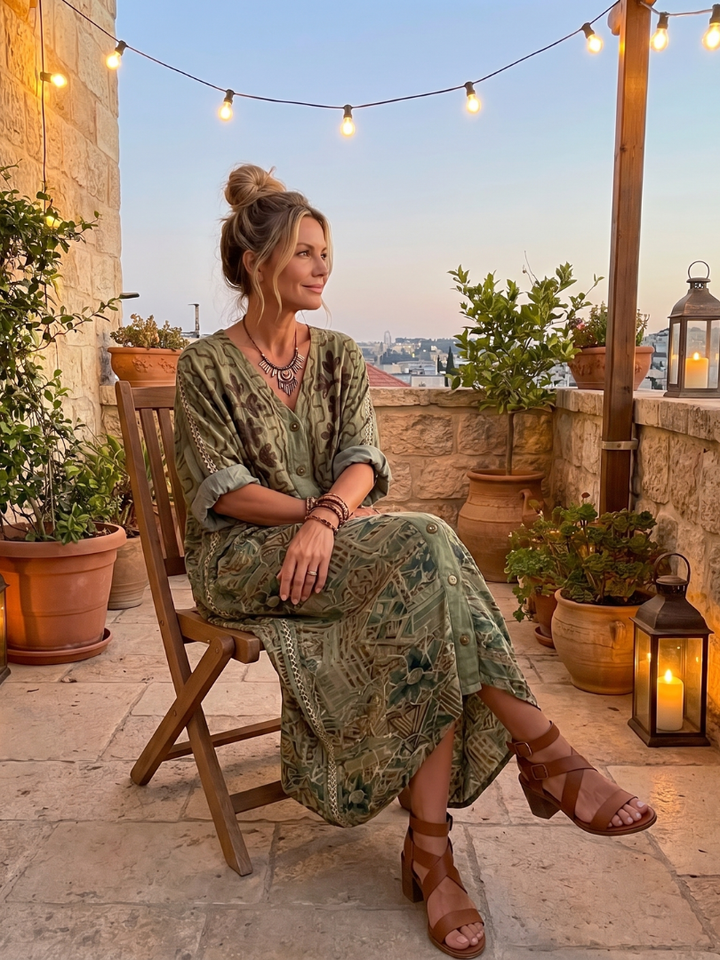 Seraphine | Button Front Embroidered Oversized Pocket Midi Dress