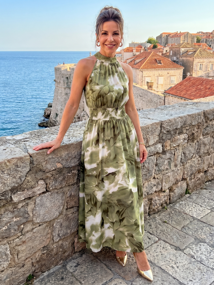 Ysolde | Gathered Waist Abstract Print Midi Dress