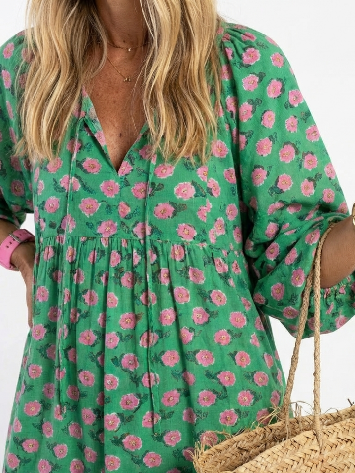 Marisenne | Floral Print V Neck Tiered Midi Dress