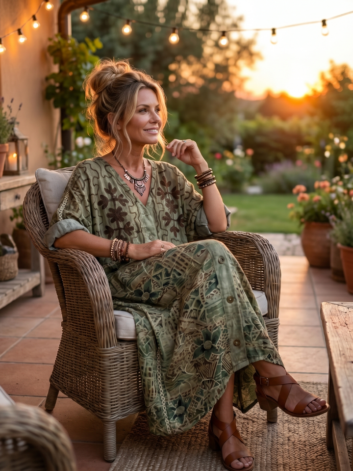 Seraphine | Button Front Embroidered Oversized Pocket Midi Dress