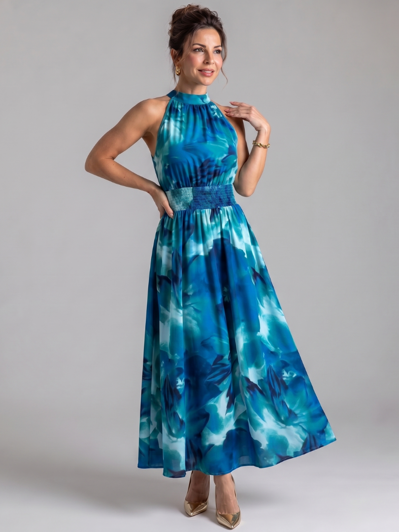Ysolde | Gathered Waist Abstract Print Midi Dress