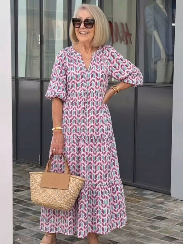 Halcyon | Geometric Print Long Sleeve Tiered Midi Dress