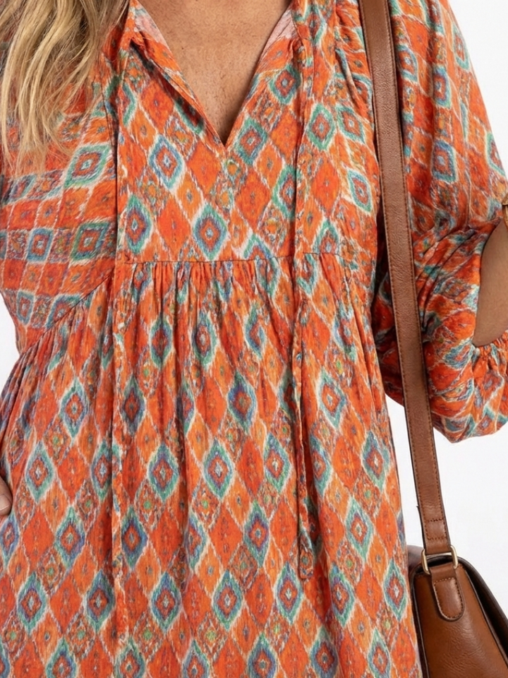 Naima | Geometric Print V Neck Tiered Midi Dress