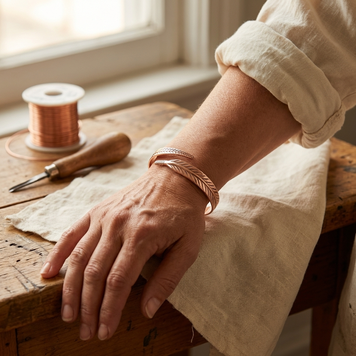 Daphne | Hand-Engraved Copper Feather Cuff Bracelet