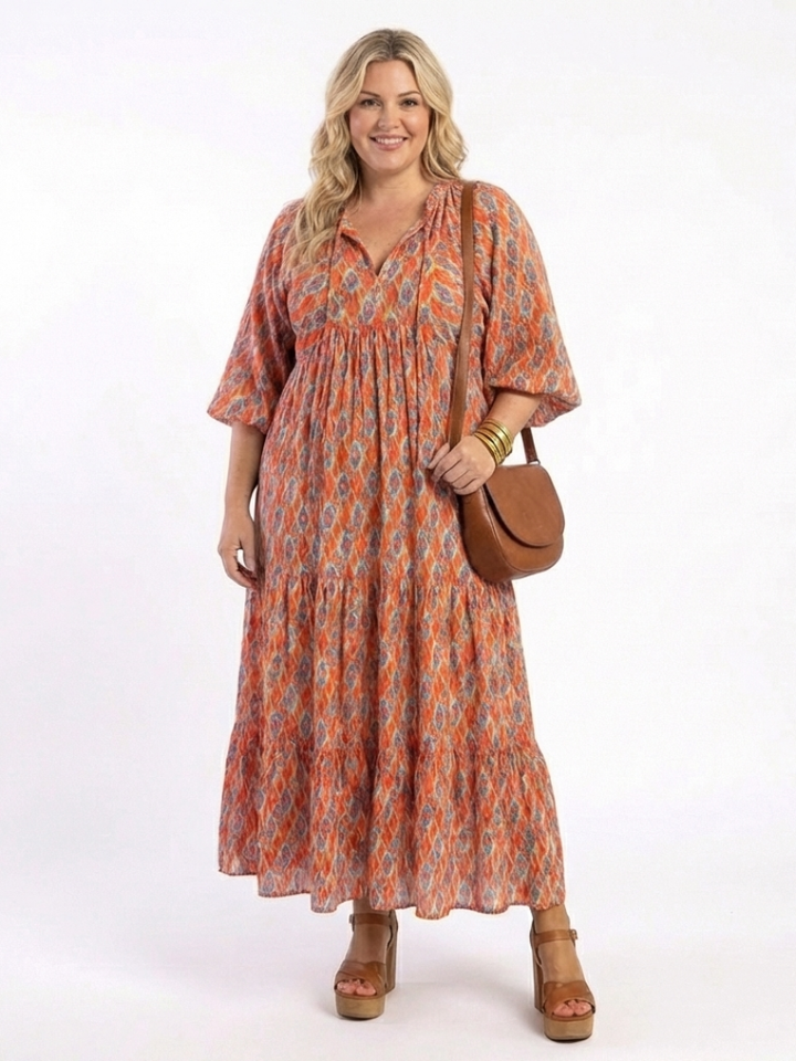 Naima | Geometric Print V Neck Tiered Midi Dress