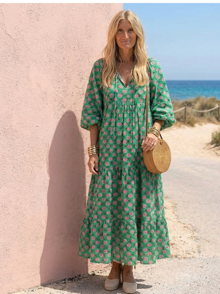 Marisenne | Floral Print V Neck Tiered Midi Dress