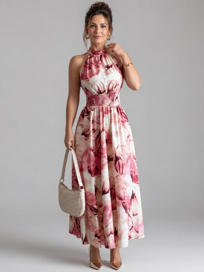 Ysolde | Gathered Waist Abstract Print Midi Dress