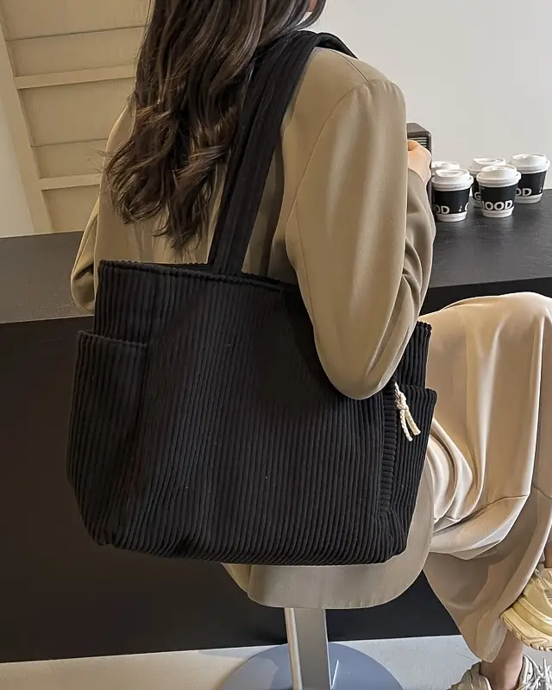 Evi– Ribbed Tote Bag with Cord Detail