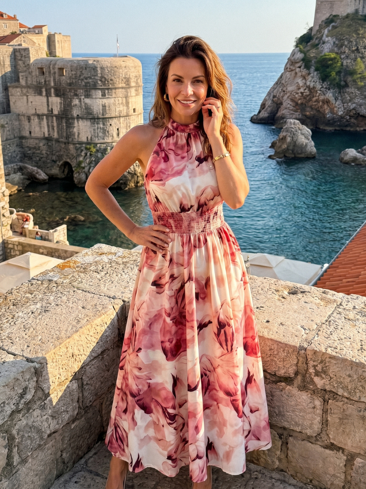 Ysolde | Gathered Waist Abstract Print Midi Dress