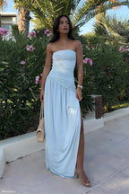 Bex Strapless Slinky Maxi Dress With Split - Pale Blue