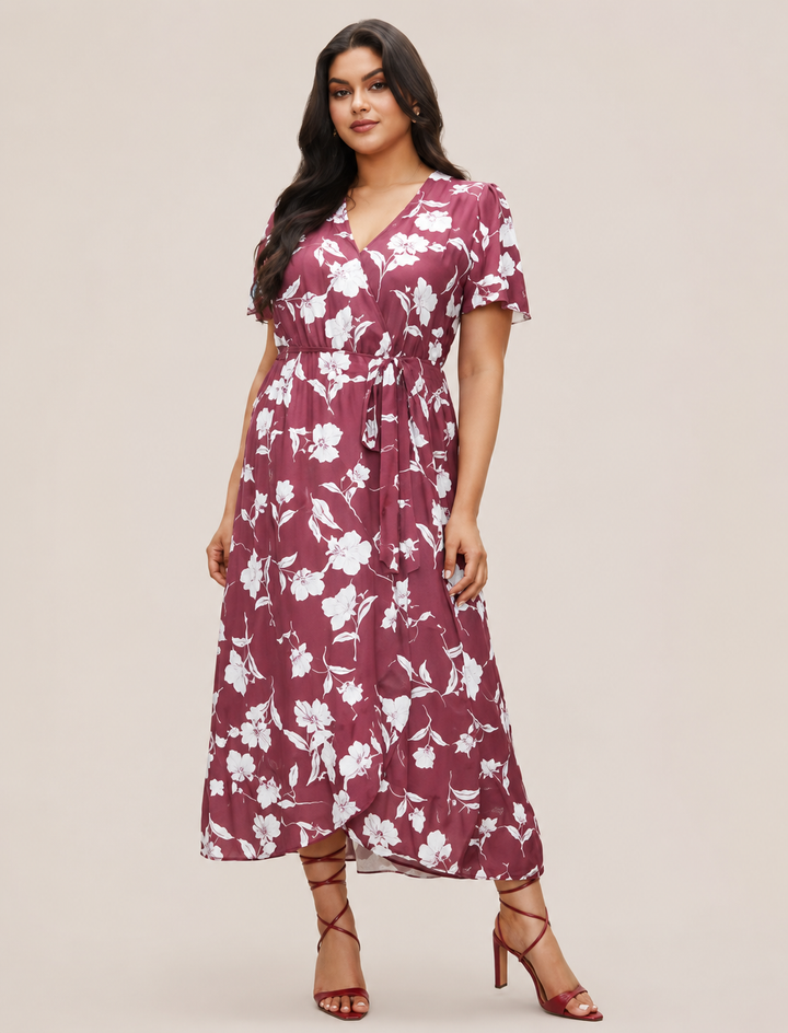 Floral Ruffle Knot Side Wrap Dress