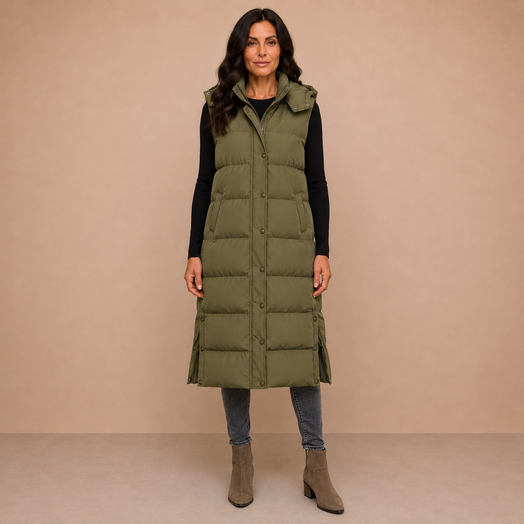 Women's Puffer Vest Quilted Hooded Maxi Length Button Down