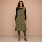 Women's Puffer Vest Quilted Hooded Maxi Length Button Down