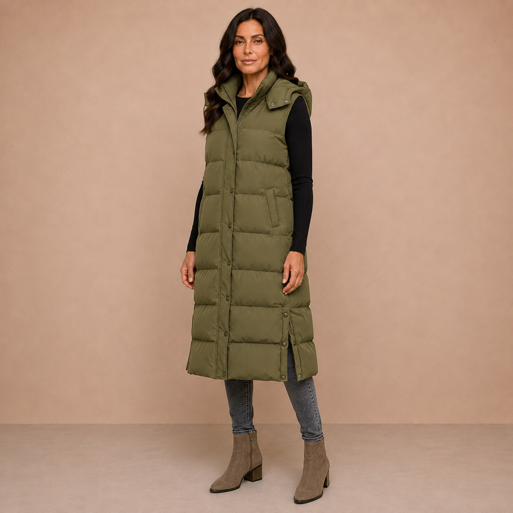 Women's Puffer Vest Quilted Hooded Maxi Length Button Down