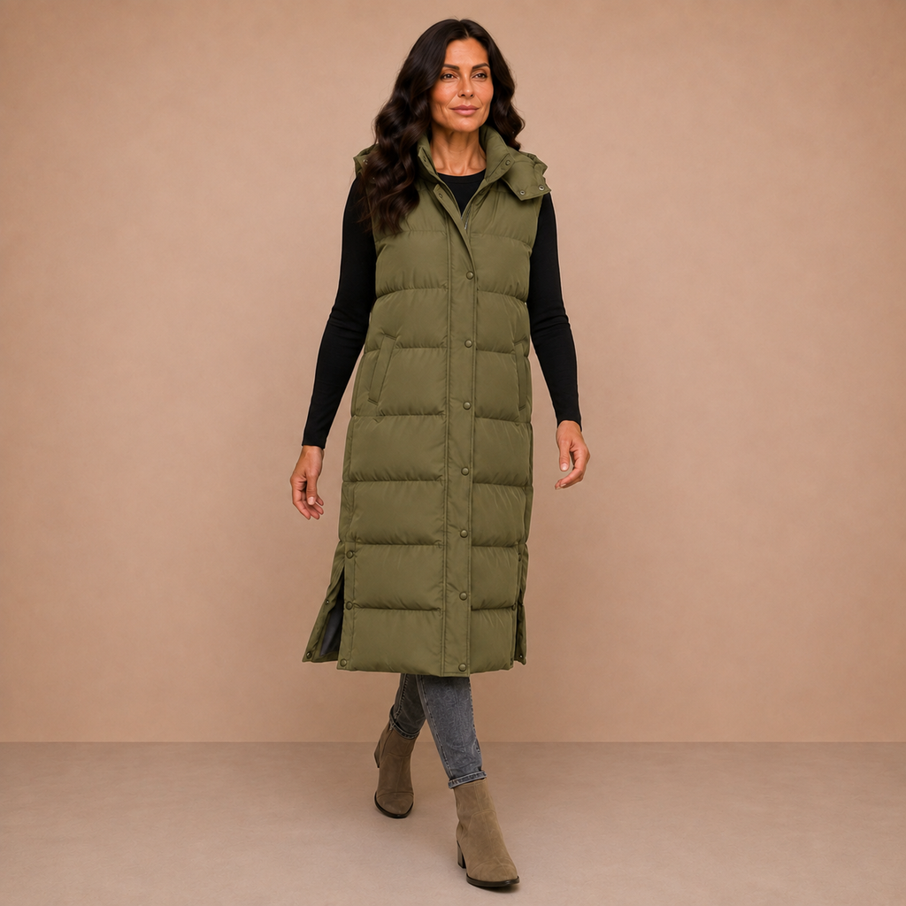 Women's Puffer Vest Quilted Hooded Maxi Length Button Down