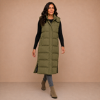 Women's Puffer Vest Quilted Hooded Maxi Length Button Down