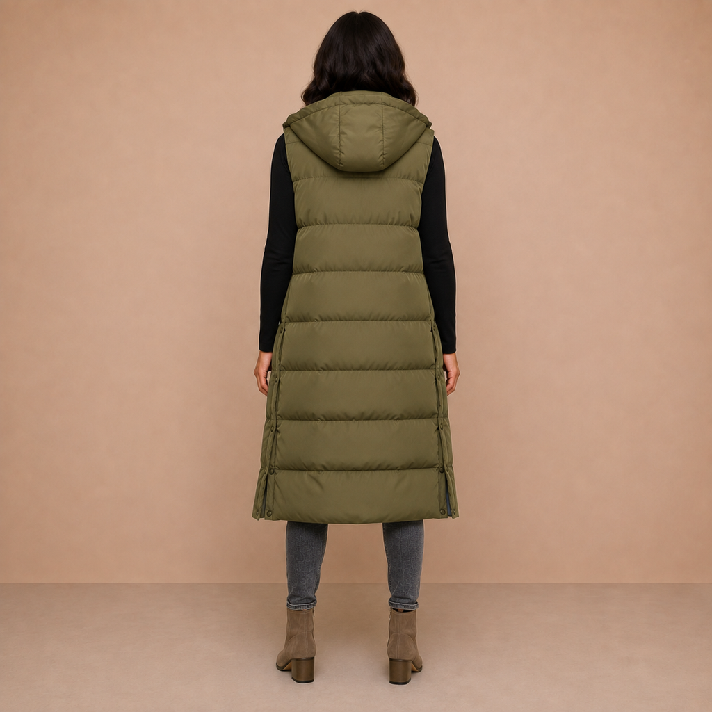 Women's Puffer Vest Quilted Hooded Maxi Length Button Down