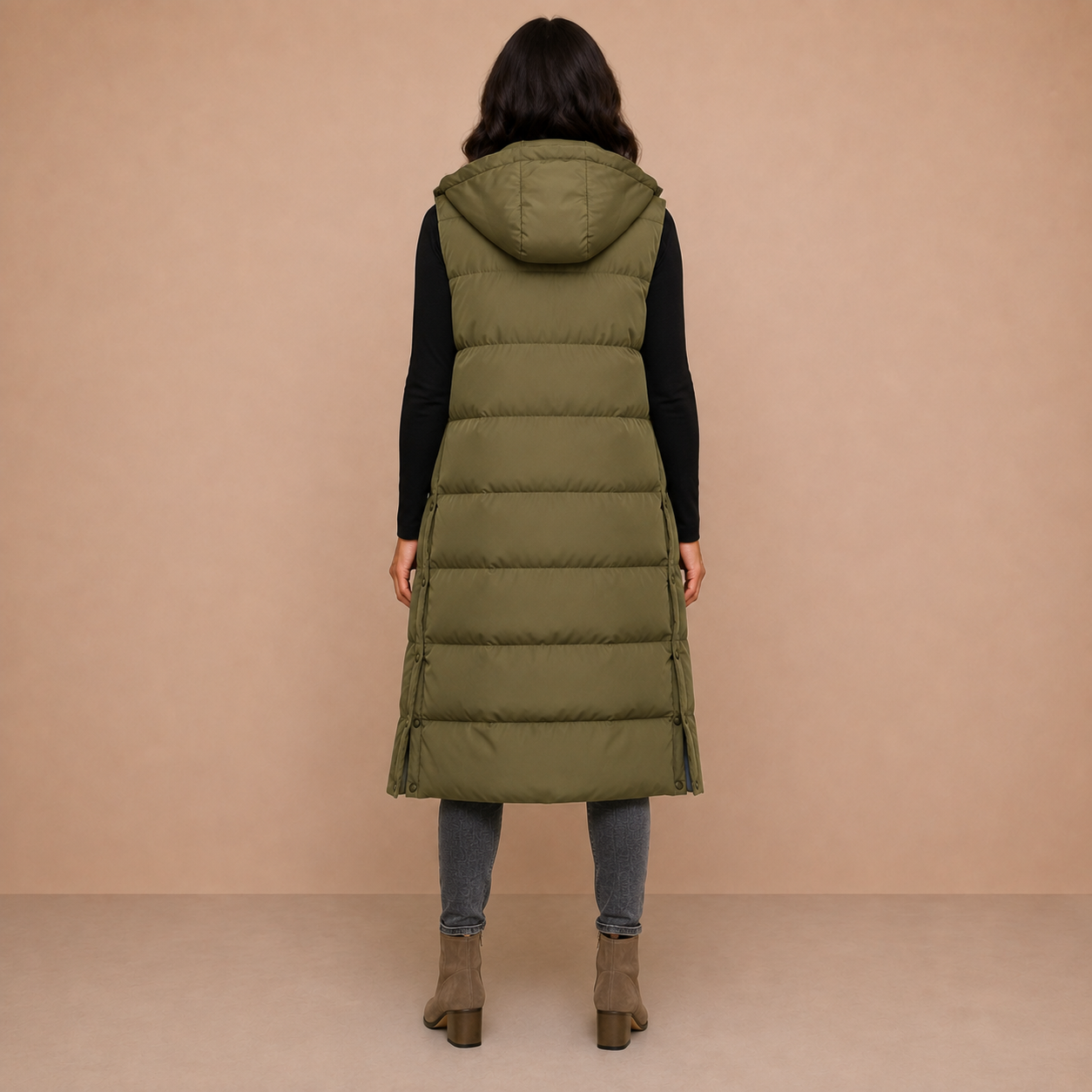 Women's Puffer Vest Quilted Hooded Maxi Length Button Down