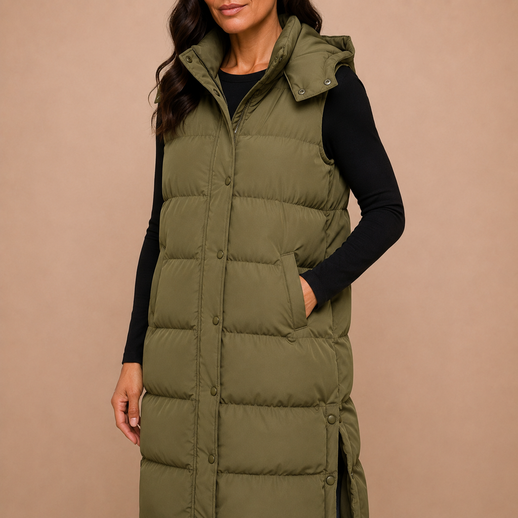 Women's Puffer Vest Quilted Hooded Maxi Length Button Down