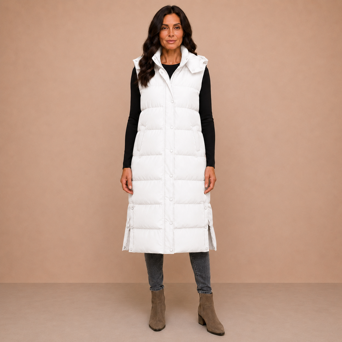 Women's Puffer Vest Quilted Hooded Maxi Length Button Down
