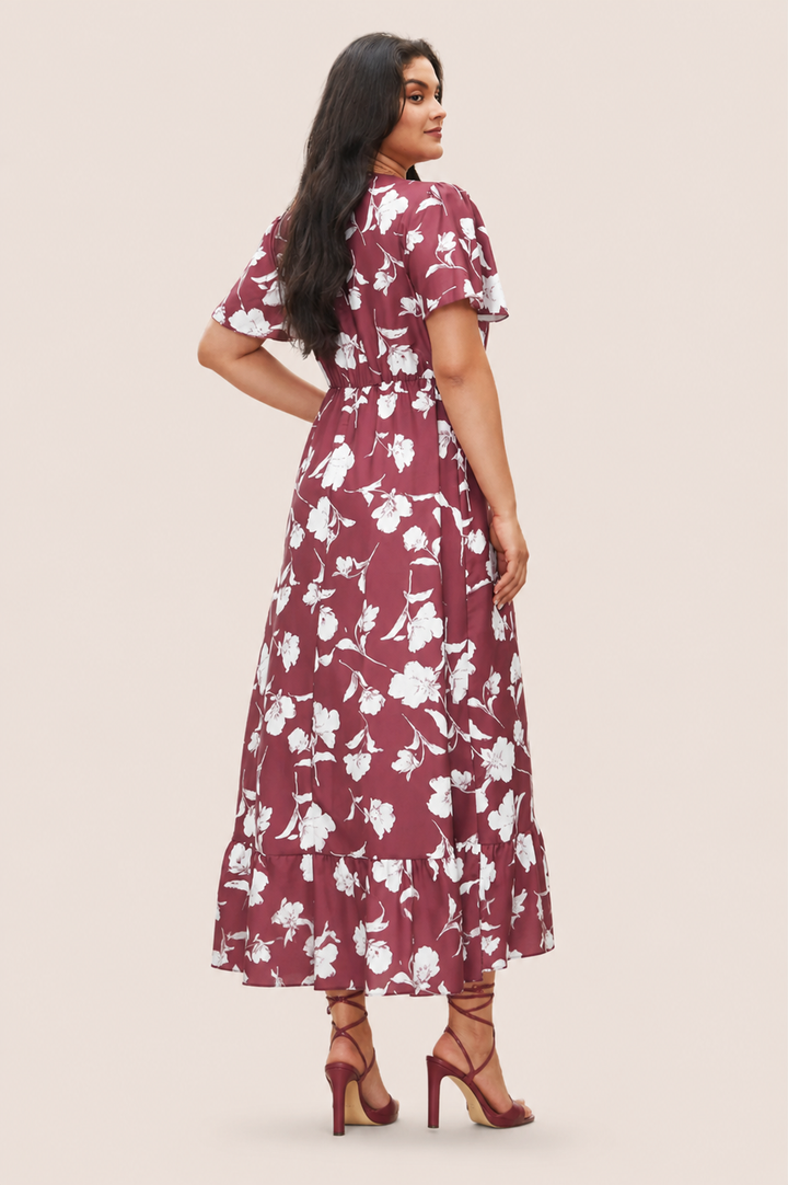 Floral Ruffle Knot Side Wrap Dress