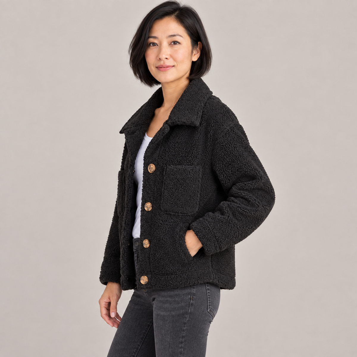 MOIRA™ - Relaxed Fit Fleece Jacket — Black — side view