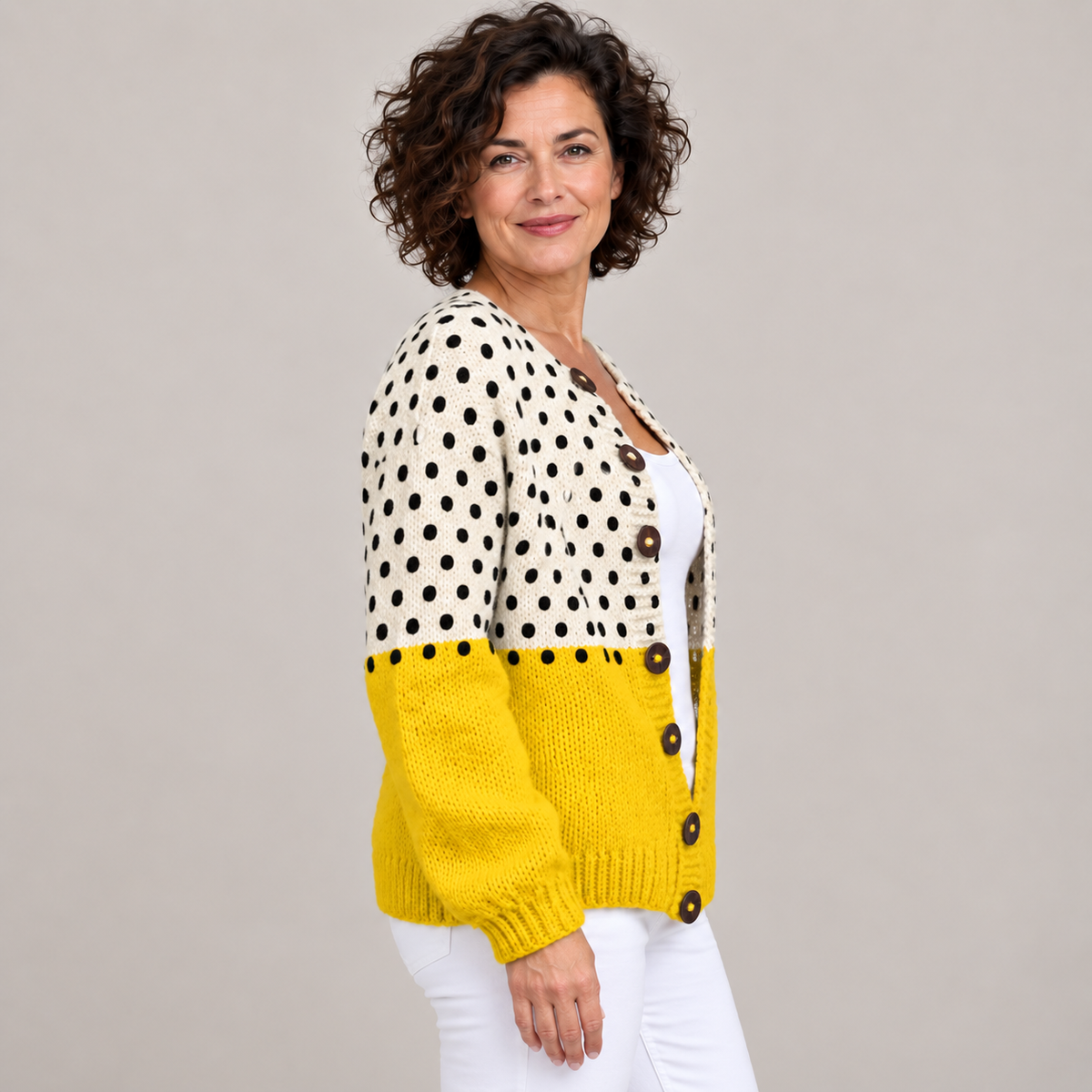 Yellow Geometric Polka Dots Print | Buttoned Cardigan Sweater — Multicolor — side view