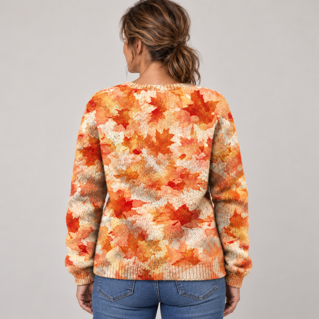 Maple Leaf Autumn Art Print | Buttoned Cardigan Sweater — Multicolour — back view
