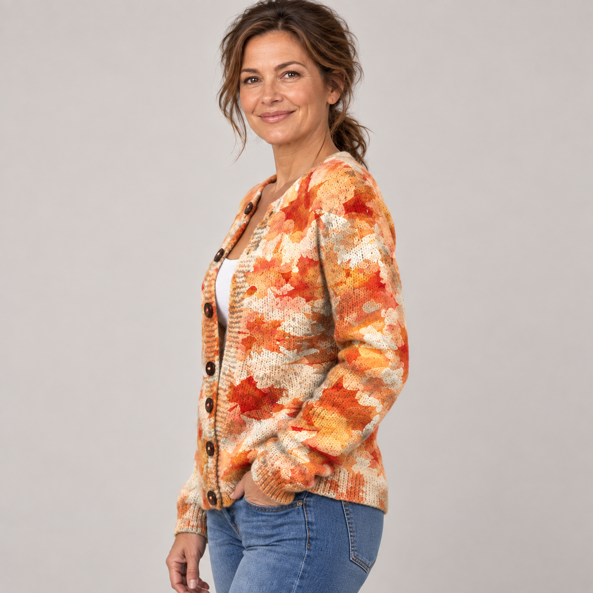 Maple Leaf Autumn Art Print | Buttoned Cardigan Sweater — Multicolour — side view