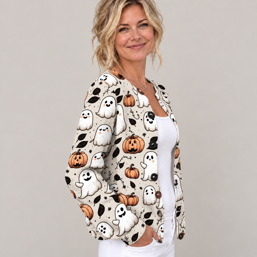 Funny Ghost Halloween | Art Print | Buttoned Cardigan Sweater — Multicolour — back view