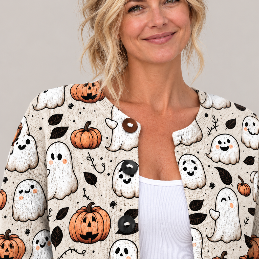 Funny Ghost Halloween | Art Print | Buttoned Cardigan Sweater — Multicolour — detail view