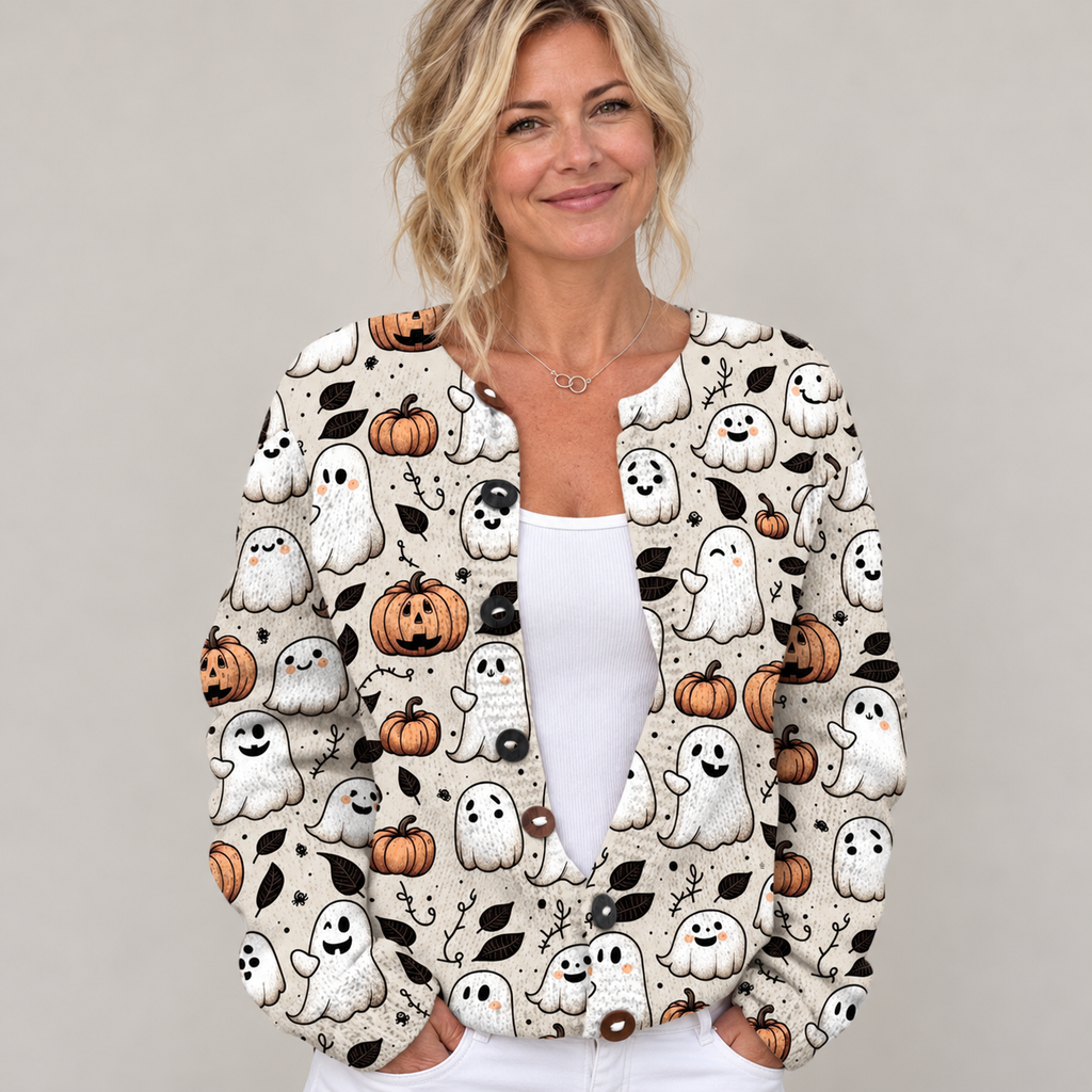 Funny Ghost Halloween | Art Print | Buttoned Cardigan Sweater — Multicolour — front view