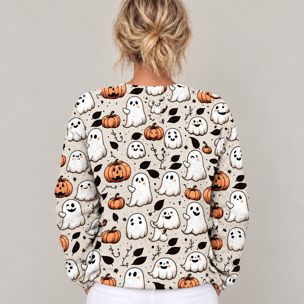 Funny Ghost Halloween | Art Print | Buttoned Cardigan Sweater — Multicolour — side view