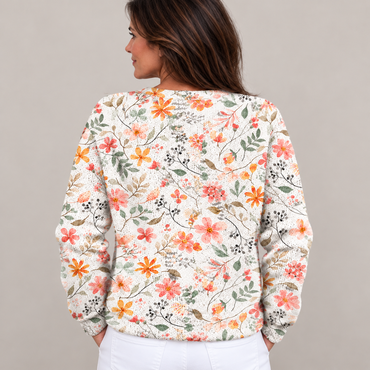 Cute and Fresh Little Flowers Print Buttoned Cardigan Sweater — Multicolour — back view