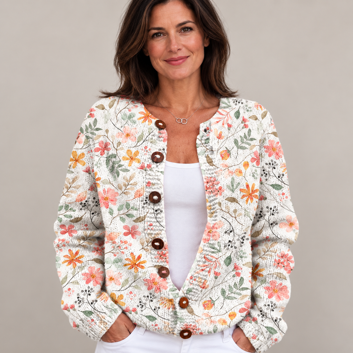 Cute and Fresh Little Flowers Print Buttoned Cardigan Sweater — Multicolour — front view