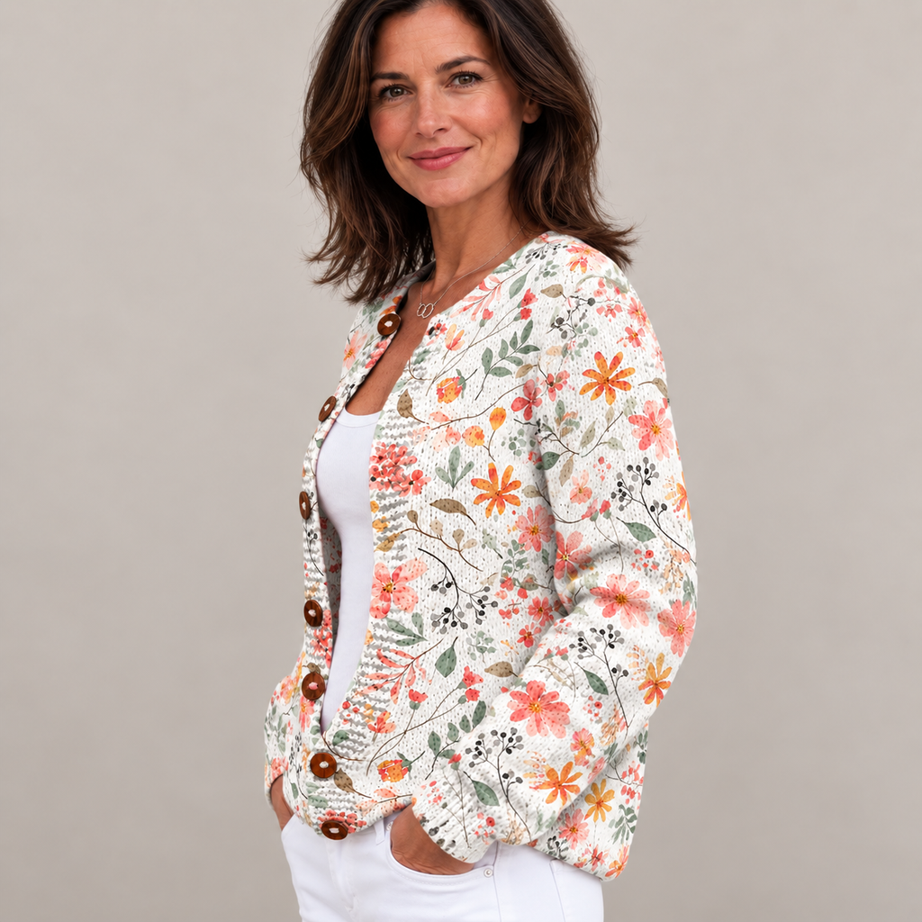 Cute and Fresh Little Flowers Print Buttoned Cardigan Sweater — Multicolour — side view