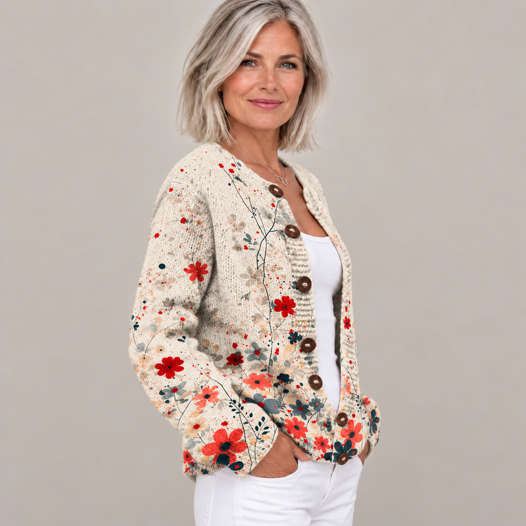 Floral Print Buttoned Casual Cardigan | Sweater — Multicolour — detail view