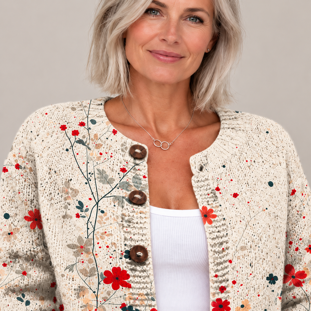 Vintage Flower Art Print | Buttoned Cardigan Sweater — Multicolour — detail view