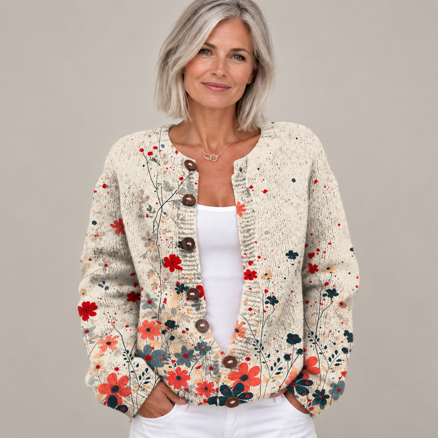 Vintage Flower Art Print | Buttoned Cardigan Sweater — Multicolour — front view