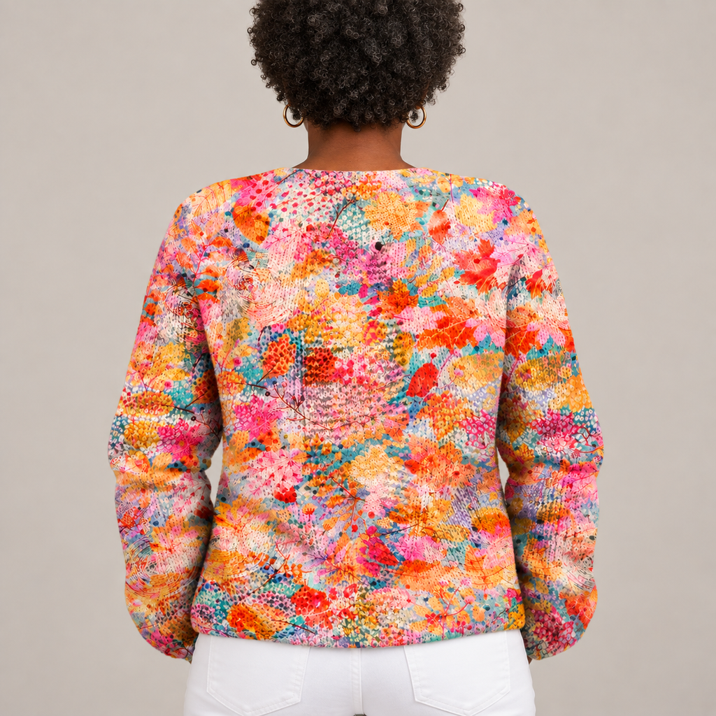 Vintage Flower Art Print | Buttoned Cardigan Sweater — Multicolour — side view