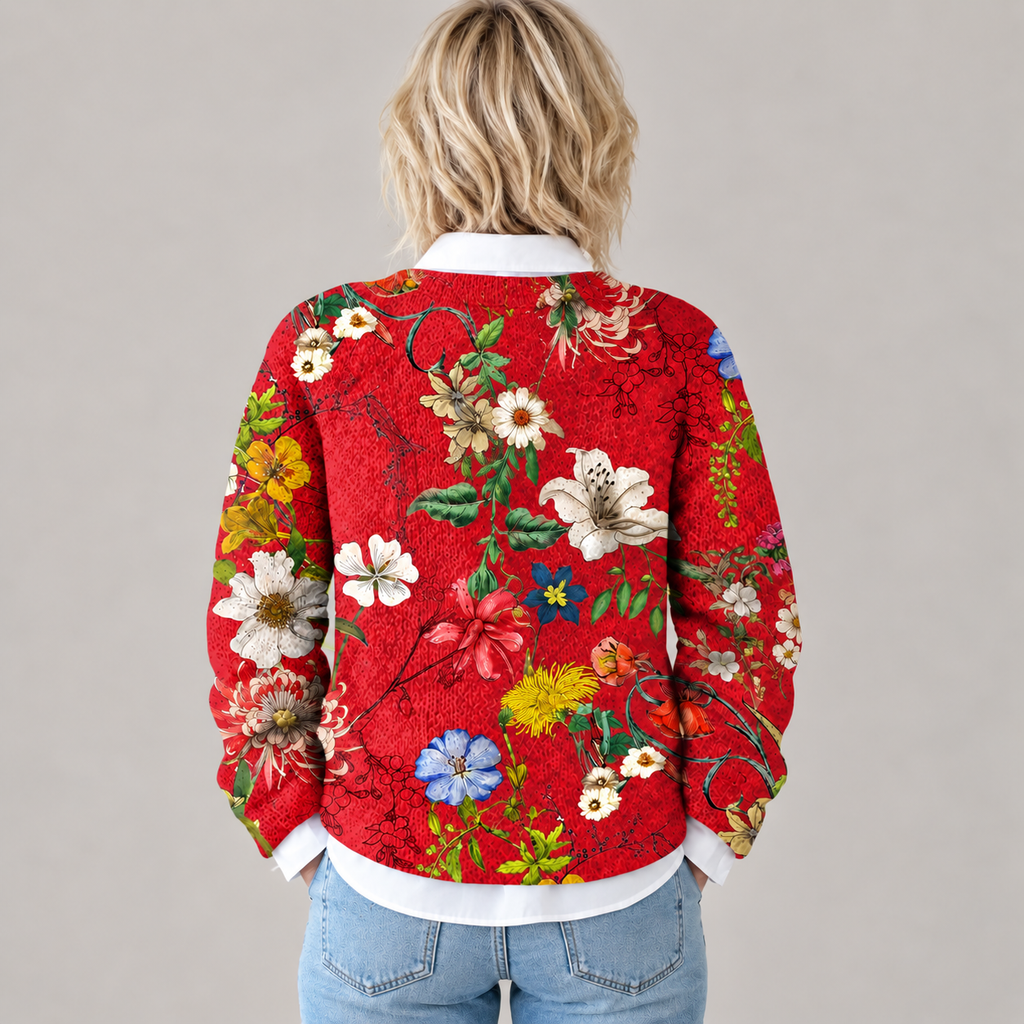 Women's Vintage Floral Art Print | Buttoned Cardigan Sweater — Red — back view